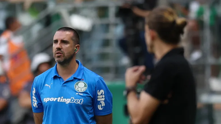 O preparador físico João Martins, da SE Palmeiras, em jogo contra a equipe do CR Flamengo, durante partida válida pela décima rodada, do Campeonato Brasileiro, Série A, na arena Allianz Parque. (Foto: Cesar Greco/Palmeiras/by Canon)